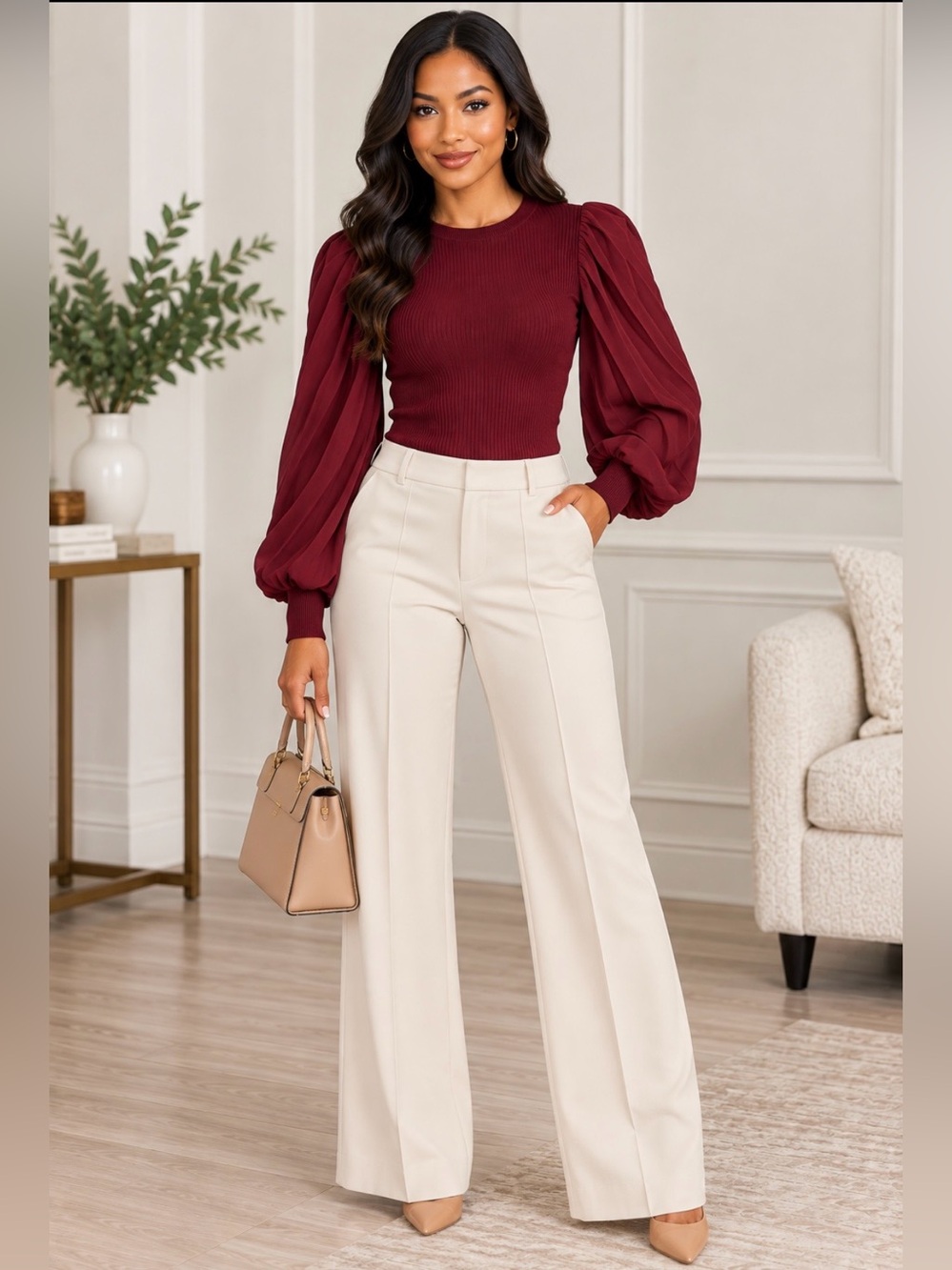 White House Black Market Burgundy Puff-Sleeve Top